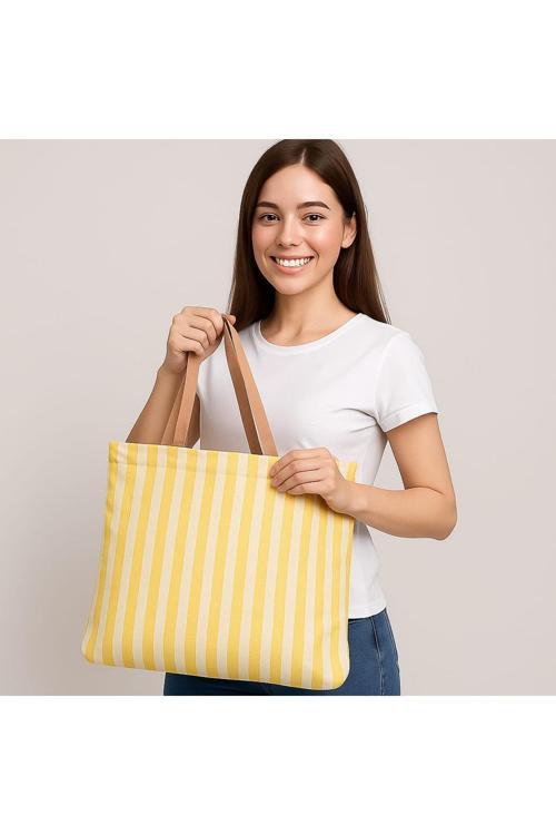 Çizgili Kanvas Kadın El Omuz Çantası Fermuarlı İçi Cepli Canta