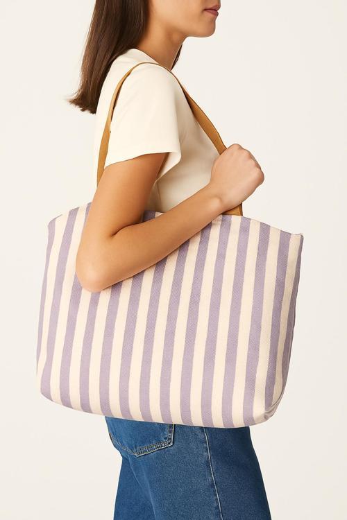 Çizgili Kanvas Kadın El Omuz Çantası Fermuarlı İçi Cepli Canta
