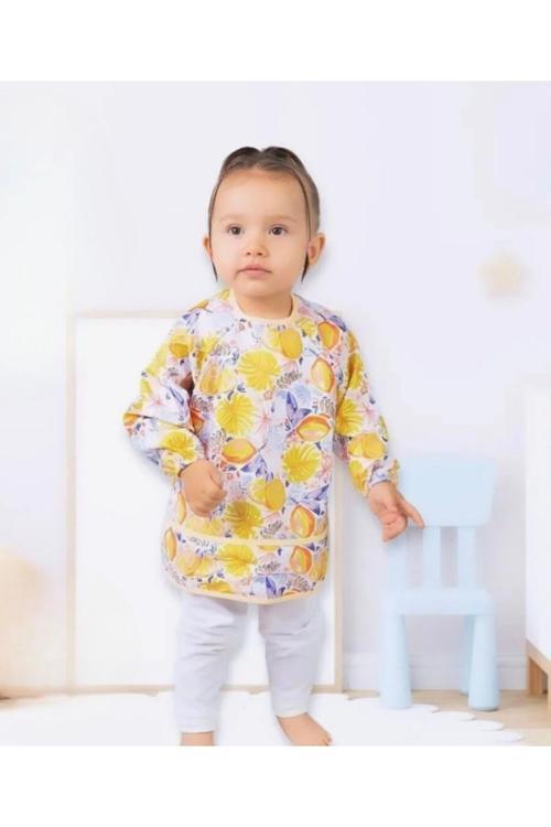 Limon Desenli Giyilebilir Sivi Gecirmez Uzun Kollu Mama Önlüğü 0-36 Ay
