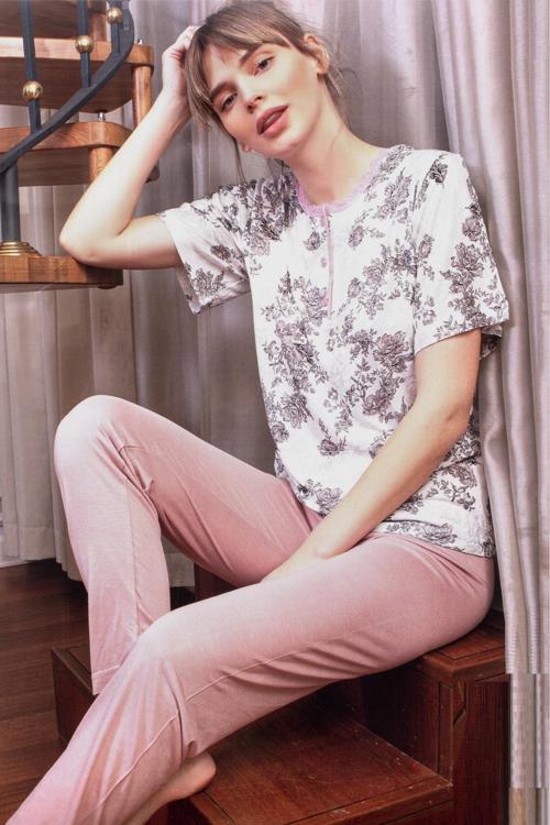 Kadın Pijama Takımı Pamuklu Kısa Kol 3 Düğmeli Viskon