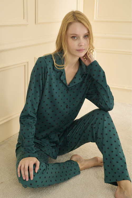 Kadın Pijama Takımı Uzun Kol Önden Düğmeli