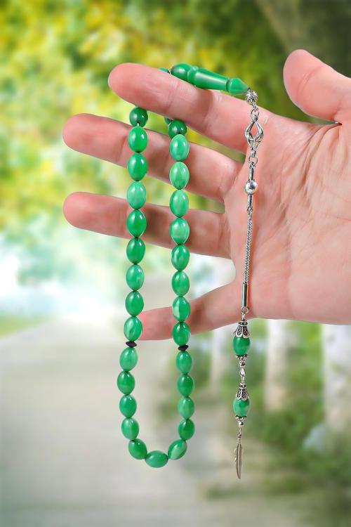 Yeşil Renk Orta Boy Sıkma Kehribar Tesbih
