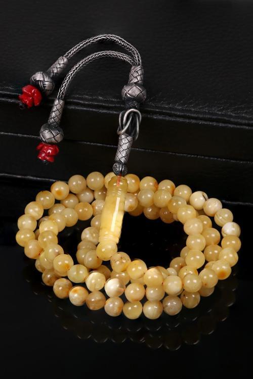 Gül Detaylı Gümüş Kazazlı 99'luk Kaya Damla Kehribar Tesbih