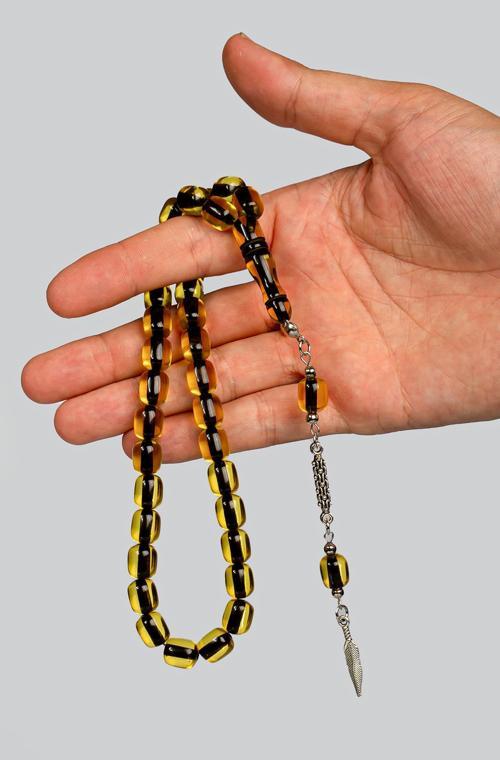 Siyah Delim Boyalı Şeffaf Sarı Toz Kehribar Tesbih