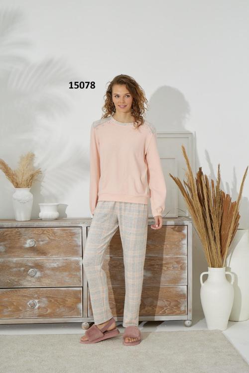 15078 Kadın İnce Örme Uzun Kol Pijama Takım