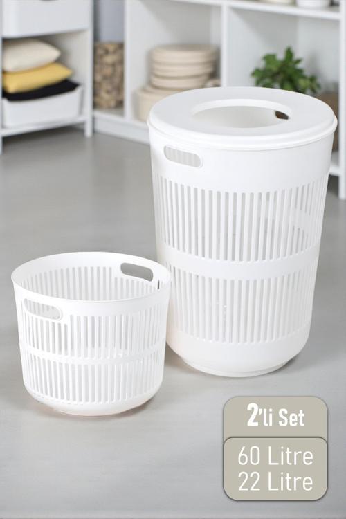 Solara İkili Dekoratif Kirli Çamaşır Sepeti Seti Oyuncak Sepeti 60 - 22 Litre Beyaz