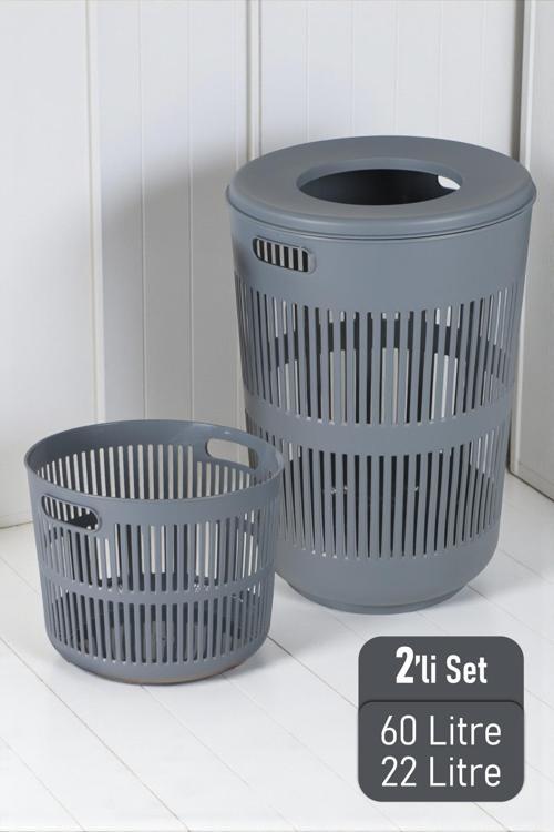 Solara İkili Dekoratif Kirli Çamaşır Sepeti Seti Oyuncak Sepeti 60 - 22 Litre Gri