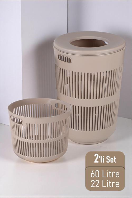 Solara İkili Dekoratif Kirli Çamaşır Sepeti Seti Oyuncak Sepeti 60 - 22 Litre Kahve