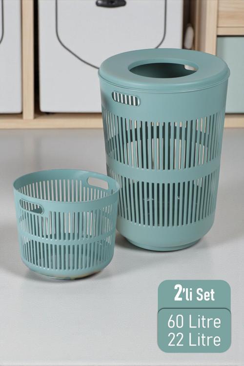 Solara İkili Dekoratif Kirli Çamaşır Sepeti Seti Oyuncak Sepeti 60 - 22 Litre Yeşil