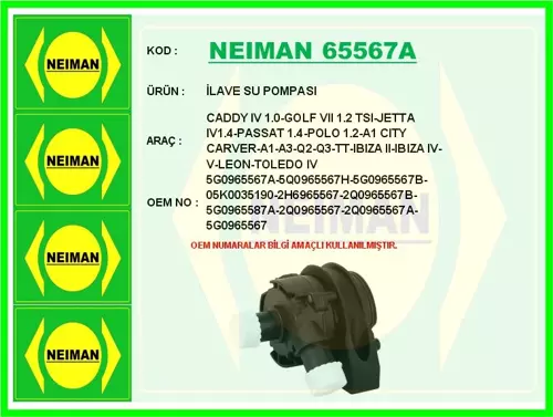 İLAVE SU POMPASI CADDY 4 1.0-GOLF 7 1.2 TSI-JETTA 41.4-PASSAT 1.4-POLO 1.2-A1 CITY CARVER-A1-A3- 5G0965567A 5Q0965567H 5G0965567B 05