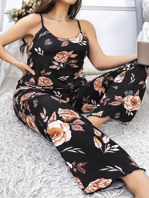 MDB MdbShop Büyük Beden Siyah Üstüne Çiçek Desenli İnce Askılı 2li Pijama Takımı