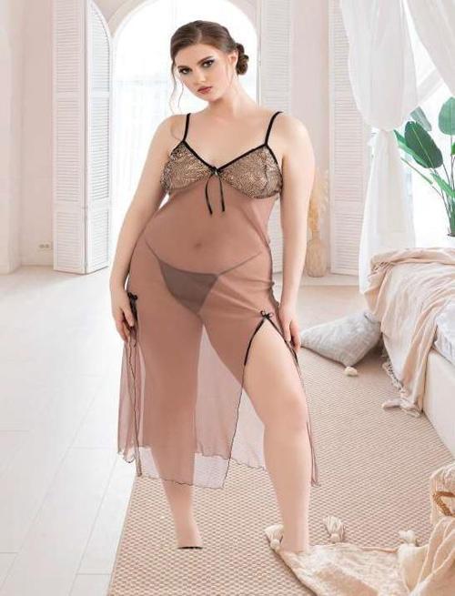 MDB MdbShop Büyük Beden Kahverengi Tül Fantezi Uzun Yırtmaçlı Gecelik