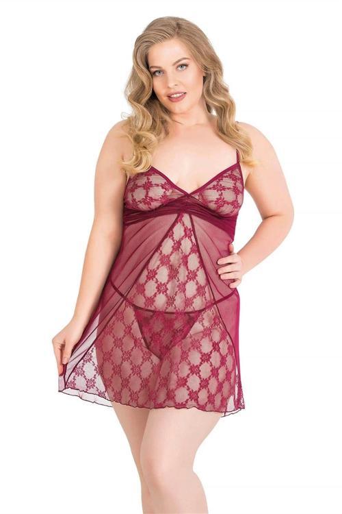 MDB MdbShop Büyük Beden Bordo Kısa Tül Gecelik