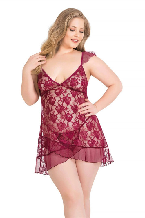 MDB MdbShop Büyük Beden Bordo Kısa Tül Gecelik