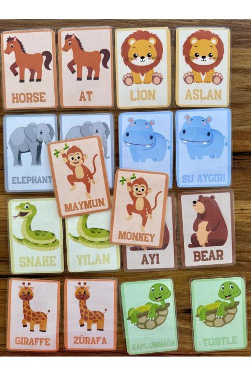 Yırtılmaz Yıpranmaz İngilizce Türkçe Eğitici Eşleştirme Hafıza Zeka Kartları Hayvanlar2