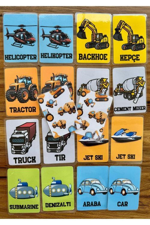 Yırtılmaz Yıpranmaz İngilizce Türkçe Eğitici Eşleştirme Hafıza Zeka Kartları Taşıtlar1