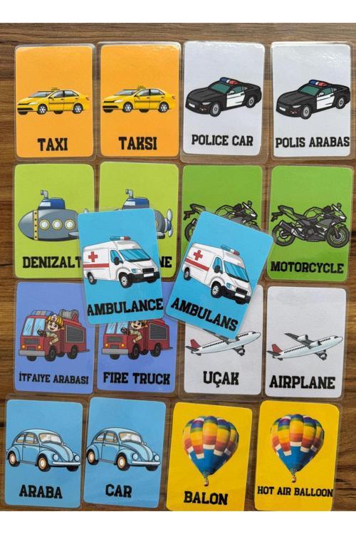 Yırtılmaz Yıpranmaz Ingilizce Türkçe Eğitici Eşleştirme Hafıza Zeka Kartları Taşıtlar-2