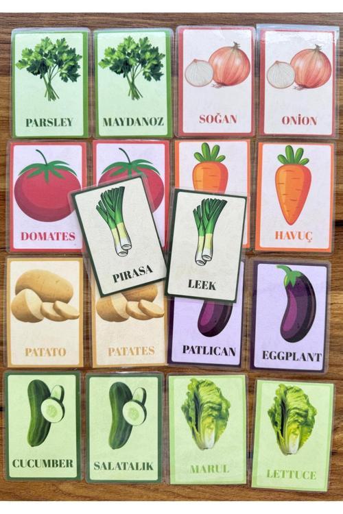 Yırtılmaz Yıpranmaz İngilizce Türkçe Eğitici Eşleştirme Hafıza Zeka Kartları Sebzeler