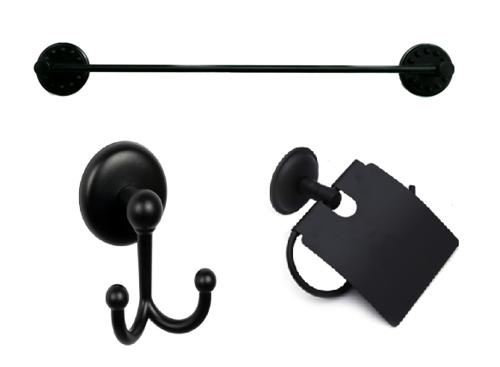 MK Yapışkanlı Siyah Üçlü Banyo Aksesuar Seti - Uzun Havluluk - Banyo Askısı - Tuvalet Kağıtlık