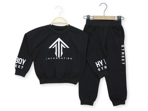 STREET BASKILI İKİ İPLİK ALT ÜST TAKIM - TPY1145-Siyah-5 Yaş Siyah