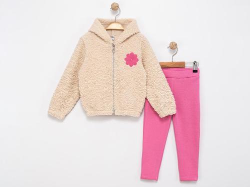 KAPÜŞONLU PELUŞ RÜZGAR GÜLÜ ÜÇ İPLİK TAYTLI ALT ÜST TAKIM - MDL2169-Pembe-6 Yaş Pembe