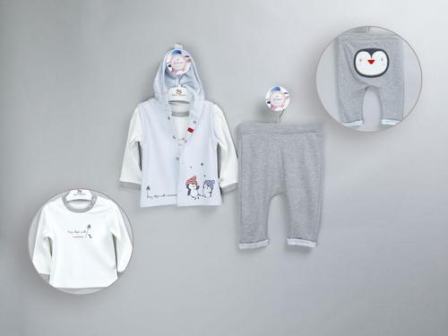 PENGUEN BASKI NAKIŞLI KAPÜŞONLU YELEKLİ ÜÇLÜ PENYE ALT ÜST TAKIM - KTS40006-Mavi-9 Ay Mavi