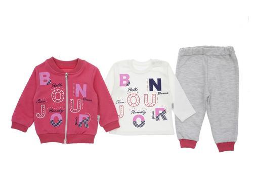 BONJOUR BASKILI İKİ İPLİK ÜÇLÜ ALT ÜST TAKIM - BRA50510-Fuşya-9 - 12 Ay Fuşya