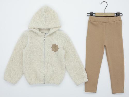 KAPÜŞONLU PELUŞ RÜZGAR GÜLÜ ÜÇ İPLİK TAYTLI ALT ÜST TAKIM - MDL2169-Bej-6 Yaş Bej