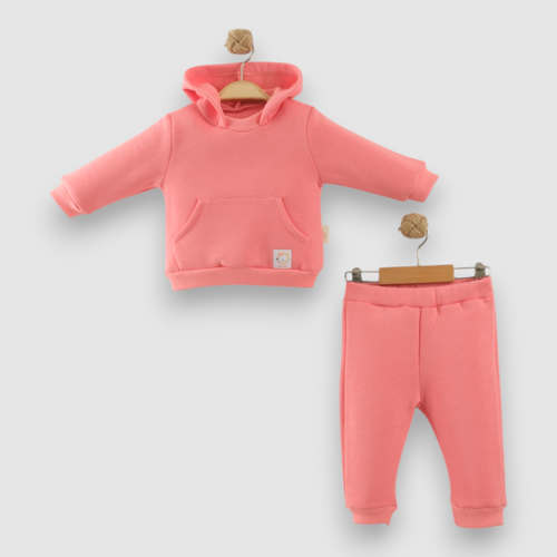 KANGURU CEPLİ KAPÜŞONLU ÜÇ İPLİK ŞARDONLU ALT ÜST TAKIM - NEC254109-Nar Çiçeğ-18 - 24 Ay Nar Çiçeği