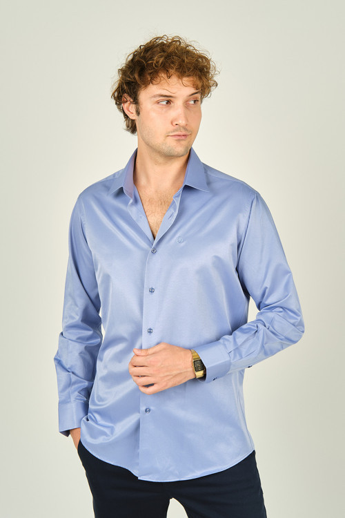 Erkek Slim Fit Uzun Kollu Pamuklu Parlak Kumaş Gömlek 0013 Koyu Mavi
