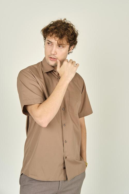 Erkek Kısa Kollu Tek Cep Detaylı Pamuklu Gömlek 1000 Kahverengi