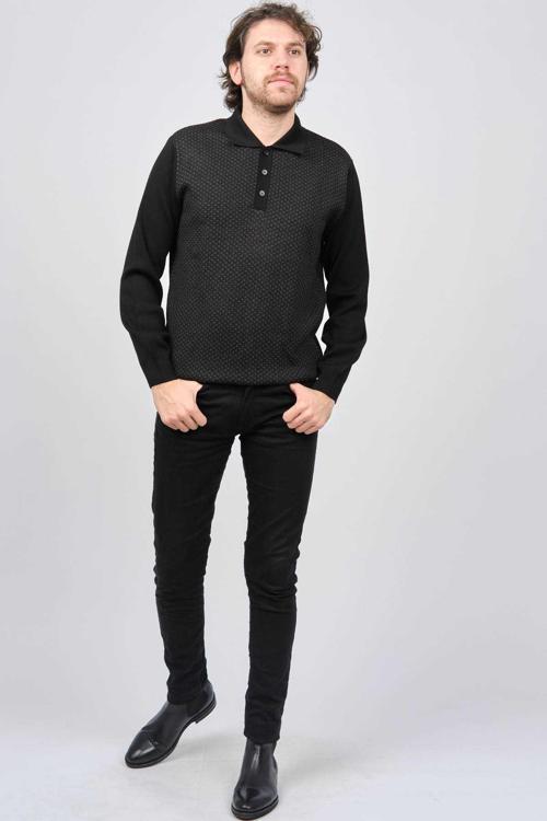 Erkek Polo Yaka Desenli Yün Kazak 6091503 Siyah