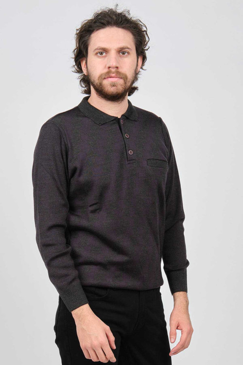 Erkek Cep Detaylı Polo Yaka Desenli Kazak 42544213 Koyu Gri