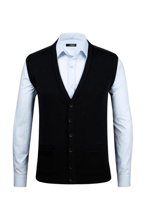Erkek Büyük Beden V Yaka Düğmeli Desenli Çelik Örgü Yelek 4241LB Siyah