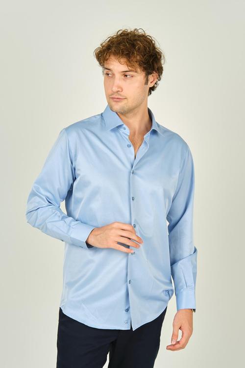 Erkek Slim Fit Uzun Kollu Pamuklu Parlak Kumaş Gömlek 0013 Mavi