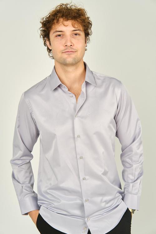 Erkek Slim Fit Uzun Kollu Pamuklu Parlak Kumaş Gömlek 0013 Lila