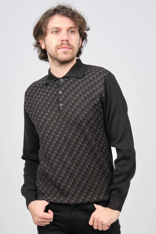 Erkek Desenli Polo Yaka Yün Kazak 6097293 Füme