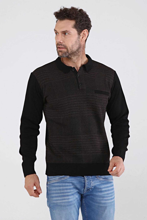 Erkek Polo Yaka Çelik Örgü Triko Kazak 4603F Siyah