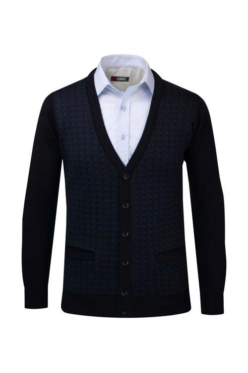 Erkek Büyük Beden Desenli Kol ve Bel Lastikli Çelik Örgü Triko Hırka 4241MB Lacivert