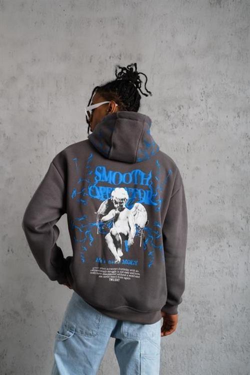 Yıldırım Baskılı Kapüşonlu Gri Sweat - Sweatshirt 