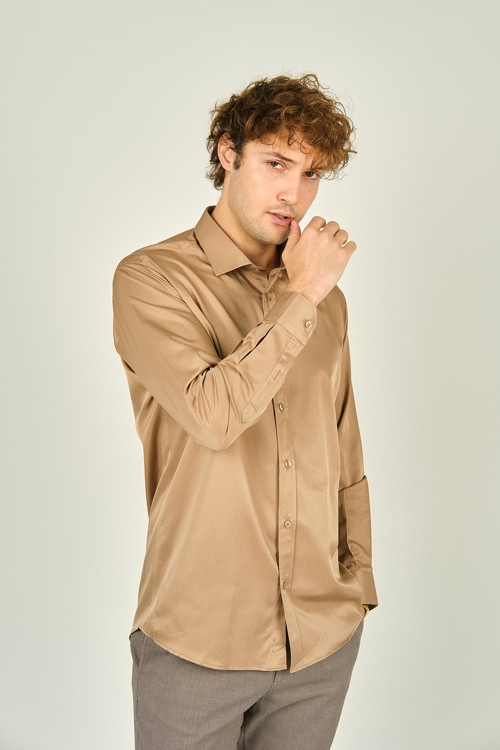 Erkek Slim Fit Uzun Kollu Pamuklu Parlak Kumaş Gömlek 0013 Camel