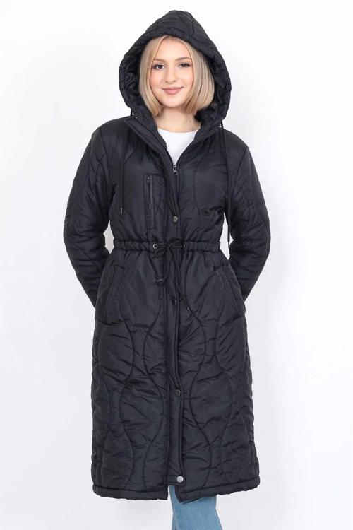 Kadın Kapüşonlu Belden Bağlamalı Uzun Mont 0699 Siyah