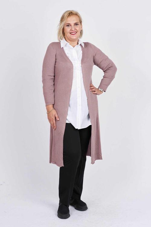 Triko Kadın Önü Açık Yırtmaç Detaylı Uzun Hırka 3997259 Pudra