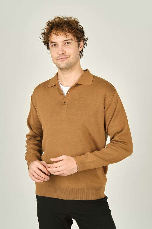 Erkek Polo Yaka Düğmeli Yün Kazak 6091023 Camel