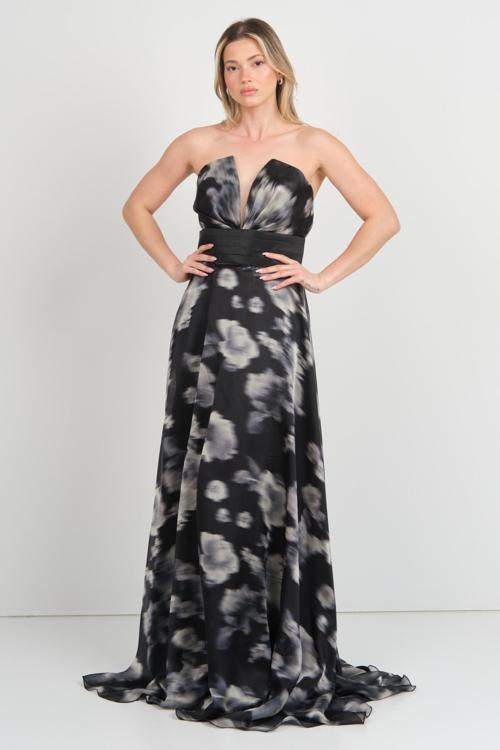 Kadın Straplez Şifon Desenli Maxi Abiye Elbise 7099 Siyah