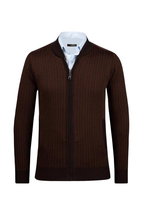 Erkek Fermuarlı Cep Detaylı Desenli Kol ve Bel Lastikli Çelik Örgü Ceket 5004K Kahverengi