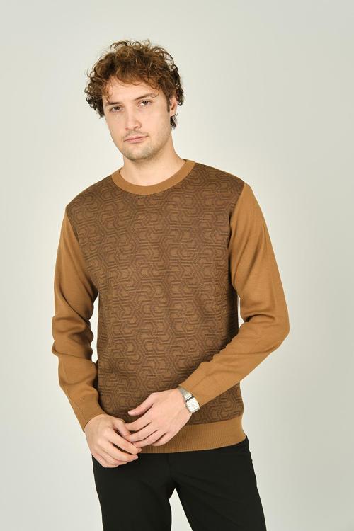 Erkek Bisiklet Yaka Desenli Yün Kazak 3035 Camel