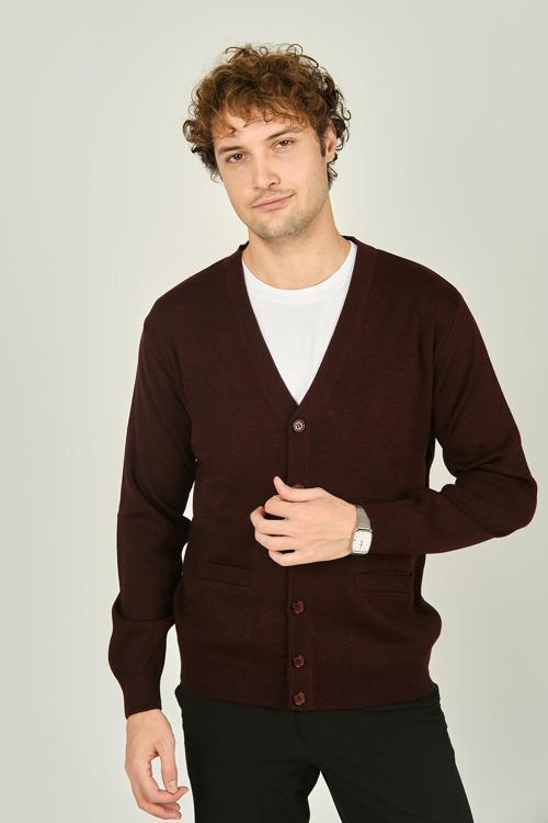 Erkek V Yaka Düğmeli Uzun Kollu Yün Hırka 1020 K.Bordo