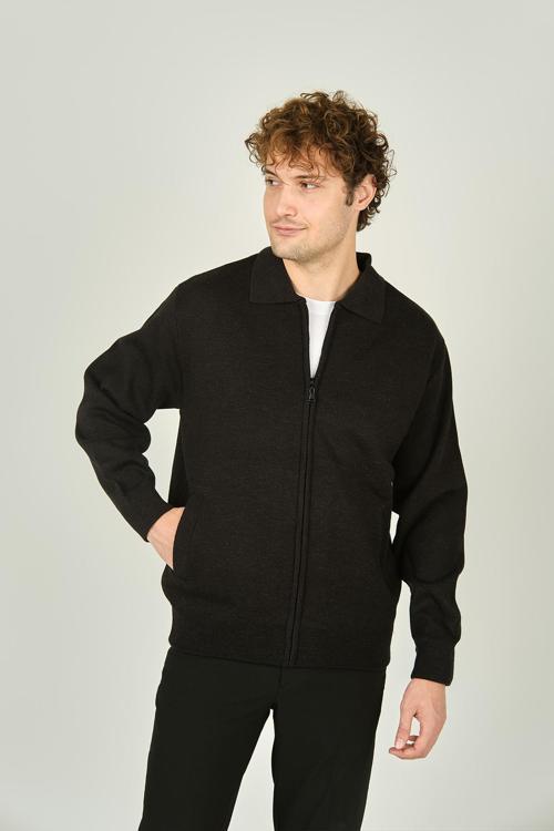 Erkek Fermuarlı Çift Cepli Triko Yün Mont 0103 Füme