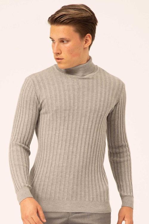 Erkek Balıkçı Yaka Slim Fit Fitilli Triko Kazak 6091288 Gri